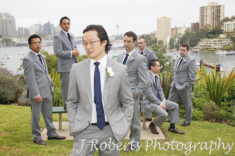 Groom and groomsmen doing Blue Steel - wedding photography sydney
